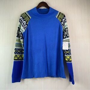 NWT Free People Prism Soft Ribbed Sweater Blue Bell Combo Cowl Neck XL